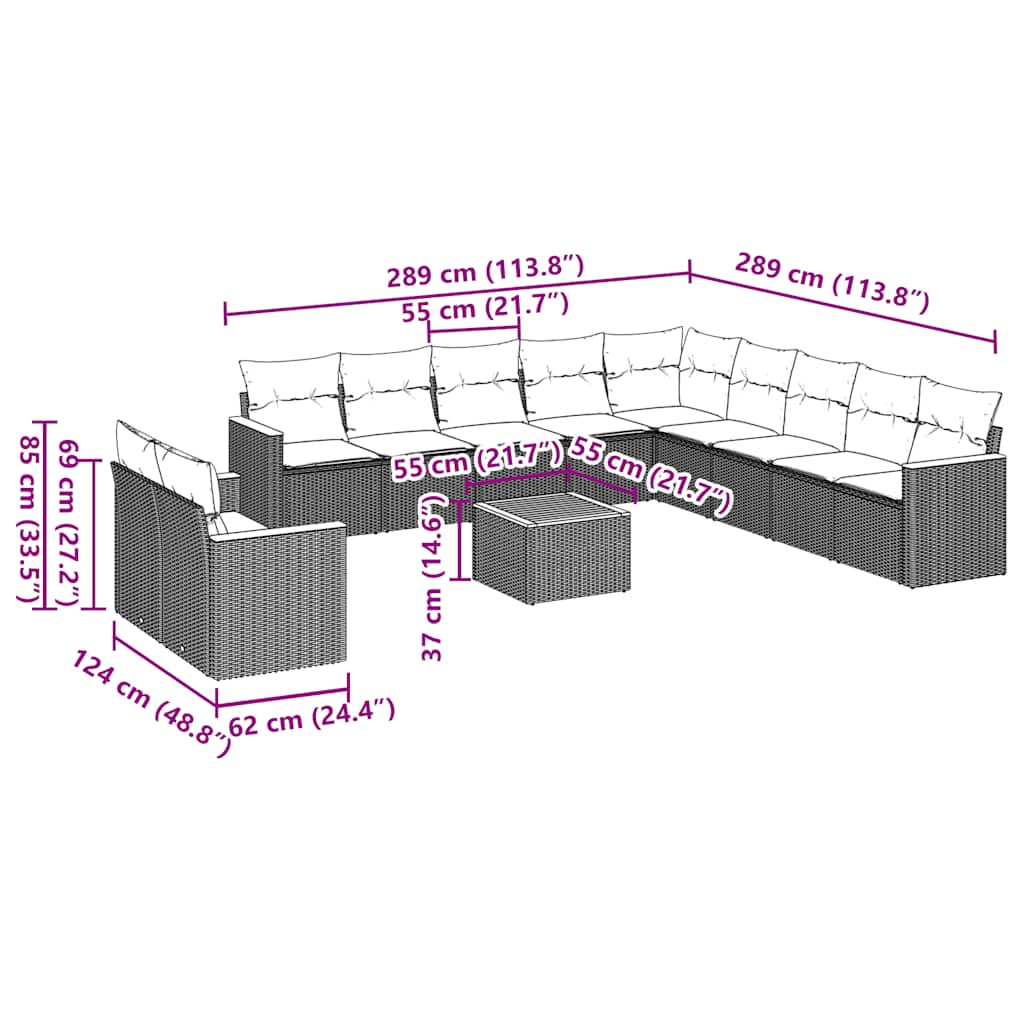 12 Pcs conjunto de sofás de jardim c/ almofadões vime PE preto