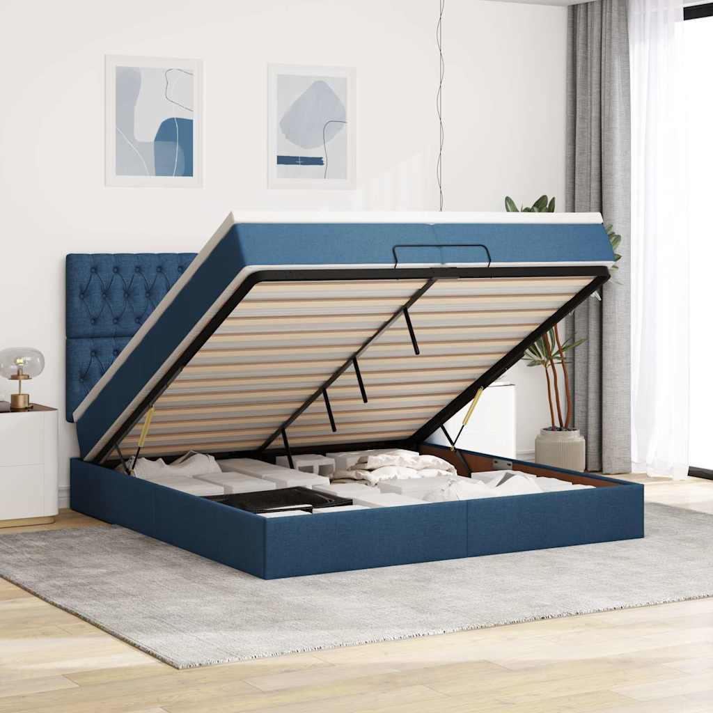 Estrutura de cama otomana com colchões 200x200cm tecido azul