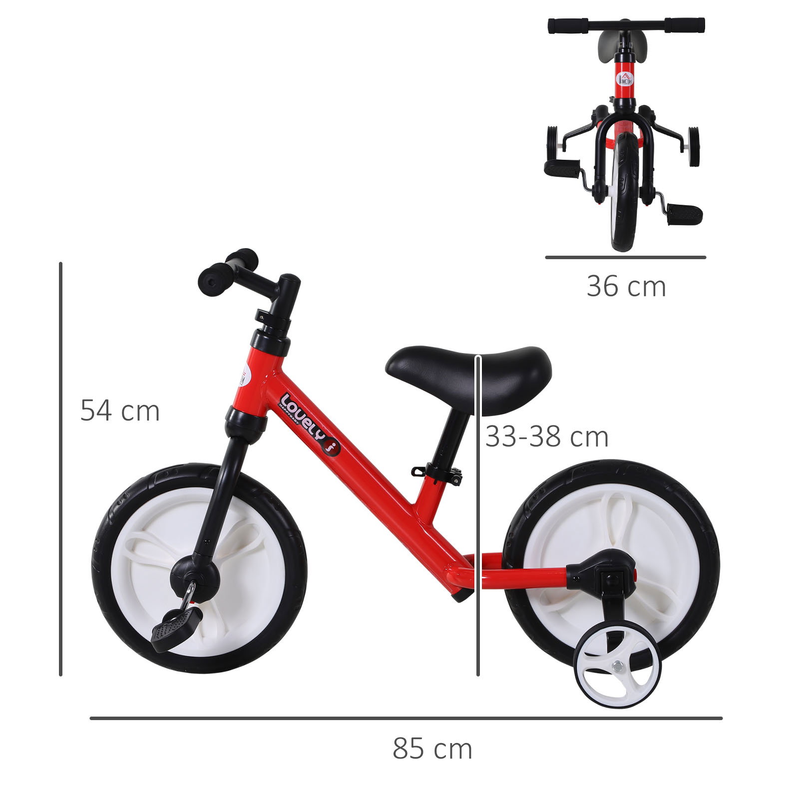Bicicleta balance com pedais e rodas removíveis assento ajustável 33-38cm crianças +2 anos carga 25kg cor vermelha
