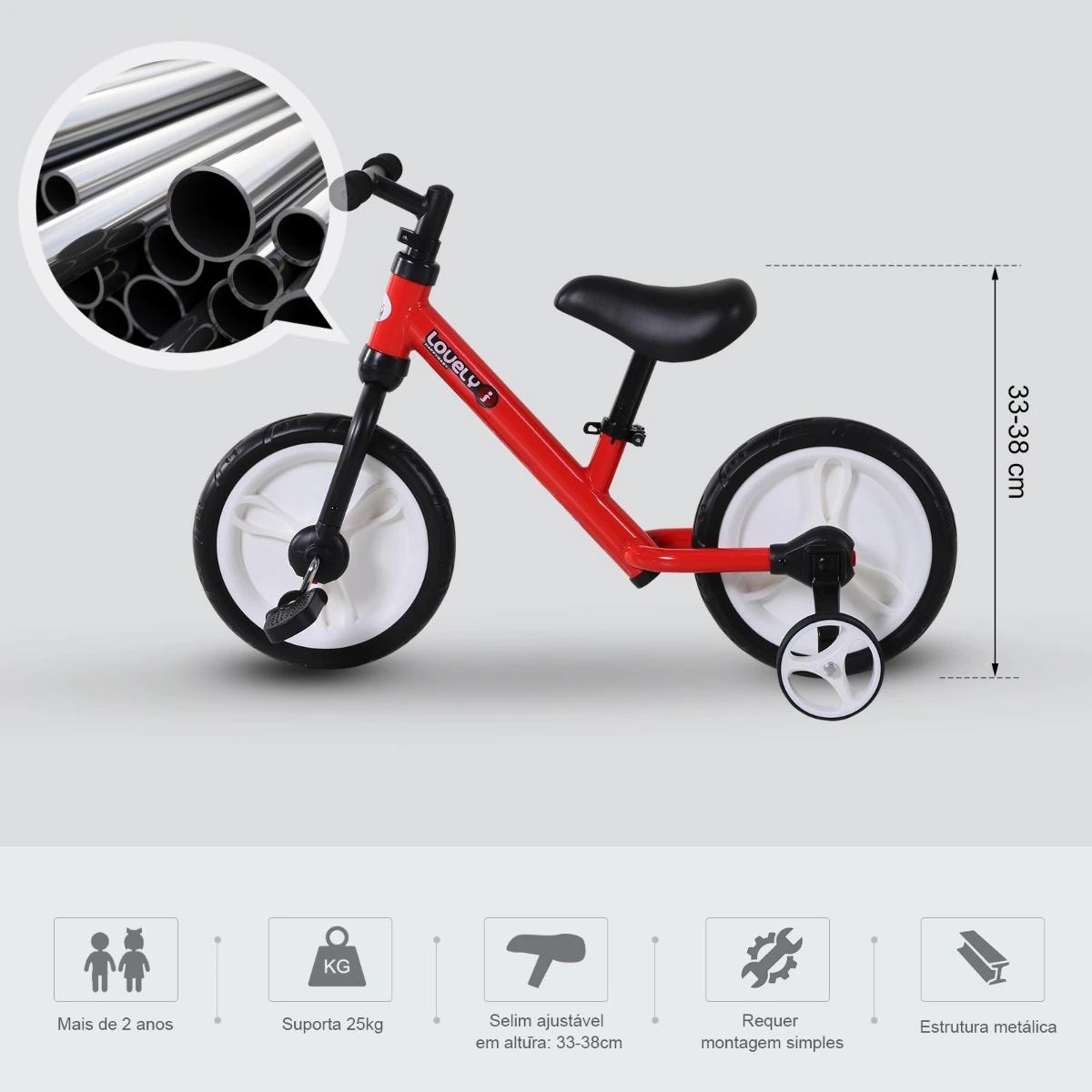 Bicicleta balance com pedais e rodas removíveis assento ajustável 33-38cm crianças +2 anos carga 25kg cor vermelha