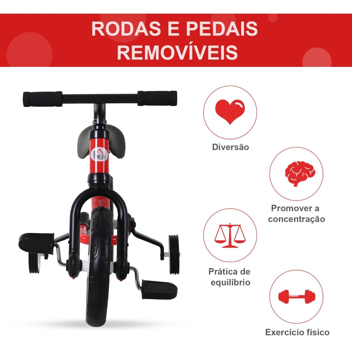 Bicicleta balance com pedais e rodas removíveis assento ajustável 33-38cm crianças +2 anos carga 25kg cor vermelha