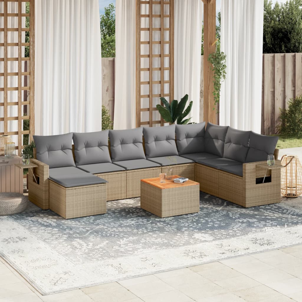 9 Pcs conjunto de sofás p/ jardim com almofadões vime PE bege