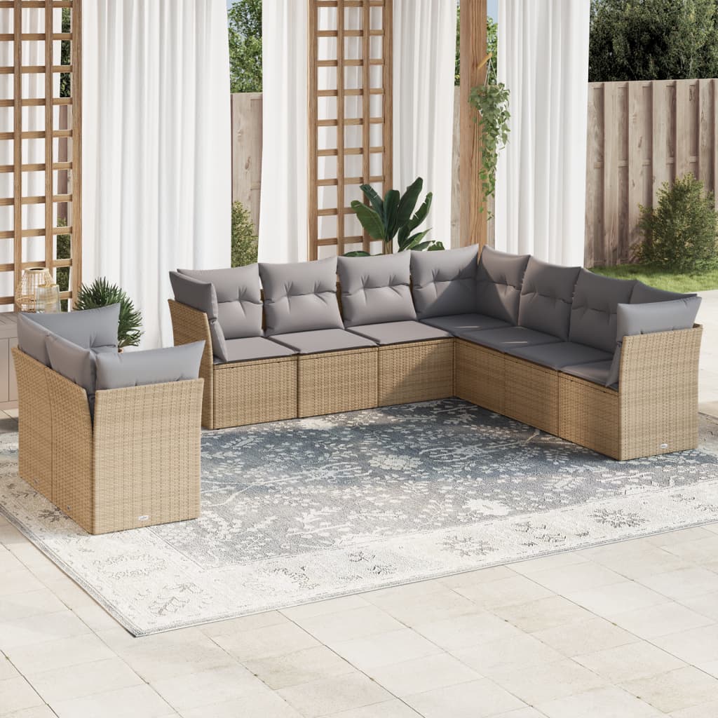 9 Pcs conjunto de sofás p/ jardim com almofadões vime PE bege