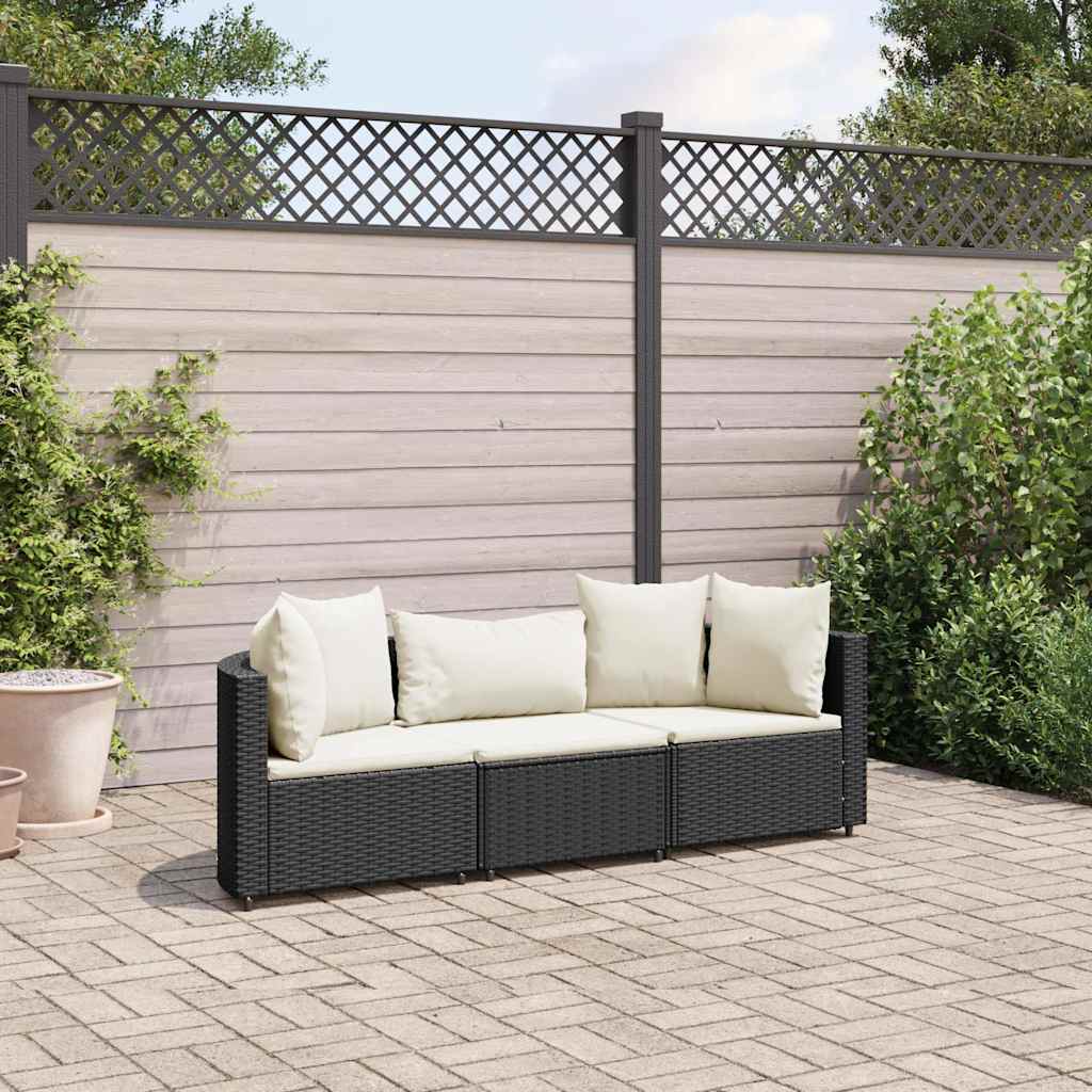 3 Pcs conjunto sofás de jardim com almofadões vime PE preto