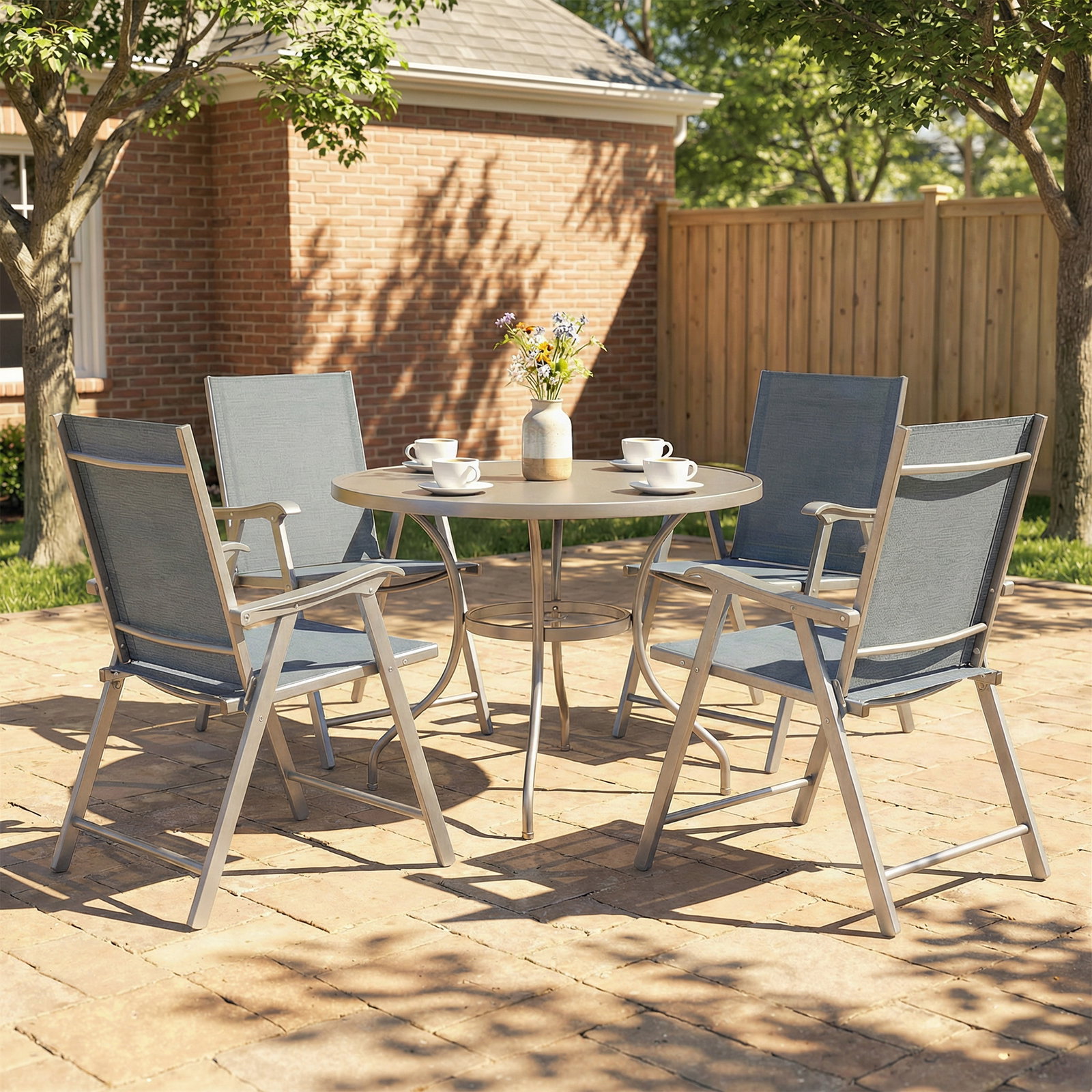 Conjunto de 4 cadeiras de campismo dobráveis cadeiras de jardim com tecido textilene respirável 58x62x97 cm cinza claro