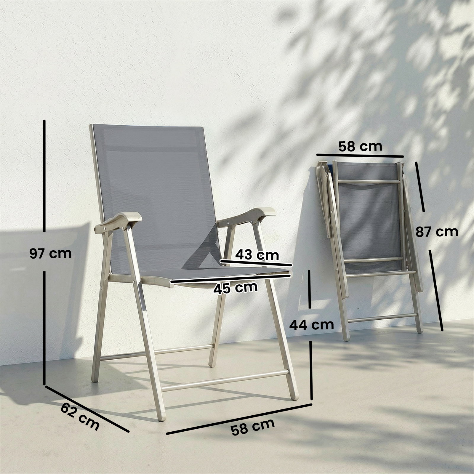 Conjunto de 4 cadeiras de campismo dobráveis cadeiras de jardim com tecido textilene respirável 58x62x97 cm cinza claro