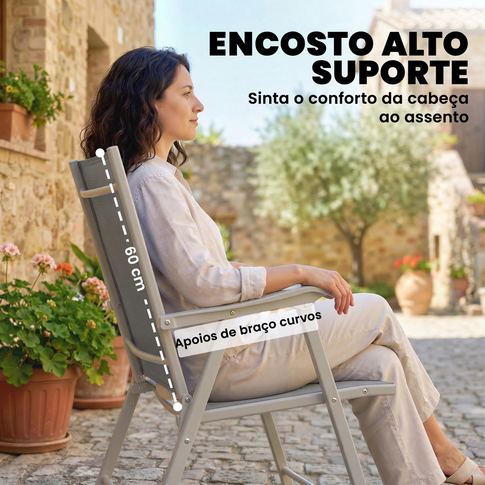Conjunto de 4 cadeiras de campismo dobráveis cadeiras de jardim com tecido textilene respirável 58x62x97 cm cinza claro
