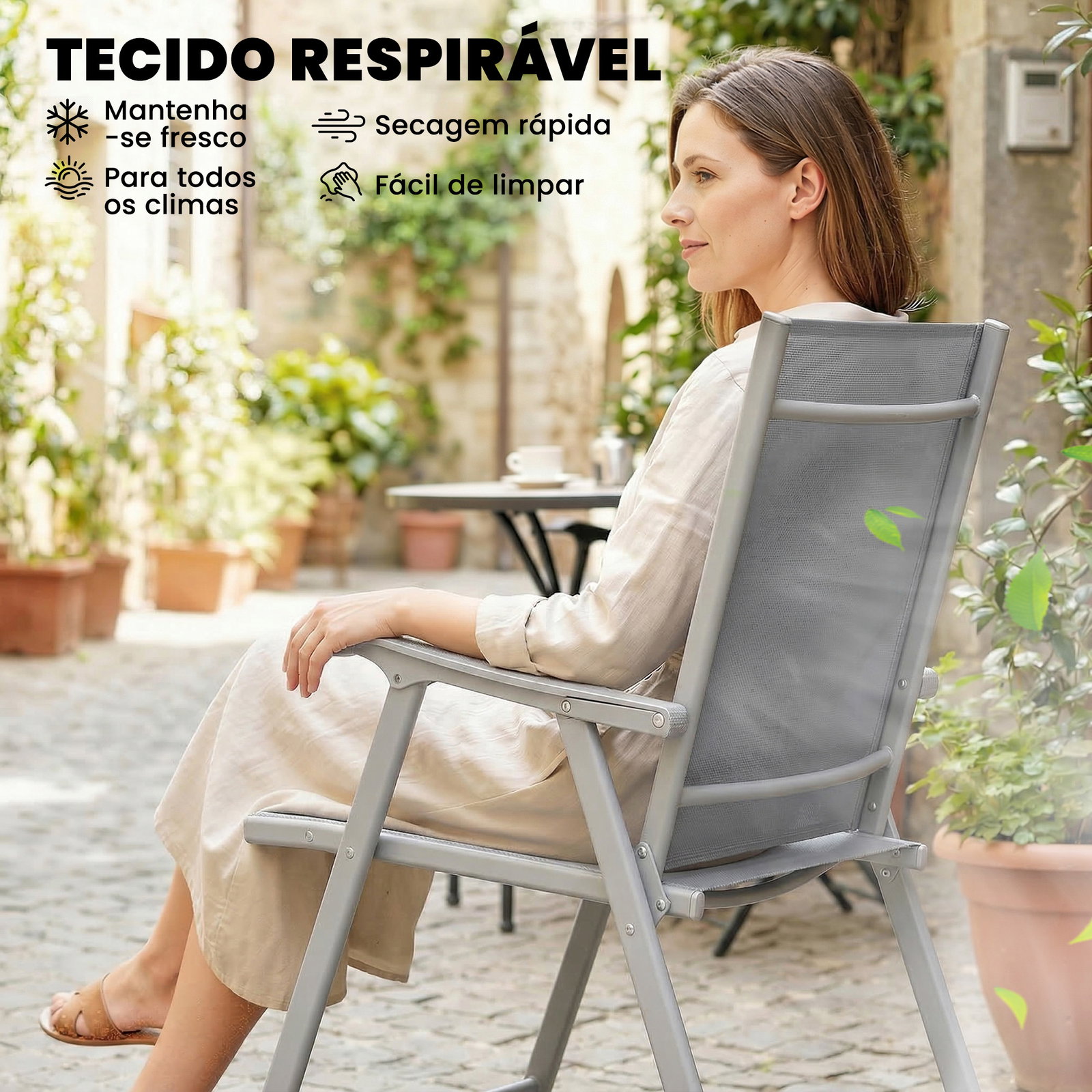 Conjunto de 4 cadeiras de campismo dobráveis cadeiras de jardim com tecido textilene respirável 58x62x97 cm cinza claro
