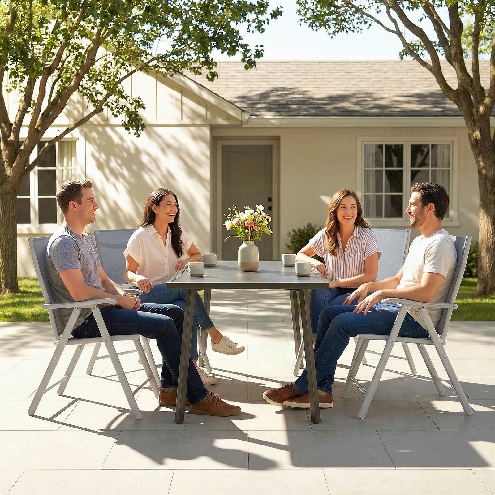 Conjunto de 4 cadeiras de campismo dobráveis cadeiras de jardim com tecido textilene respirável 58x62x97 cm cinza claro