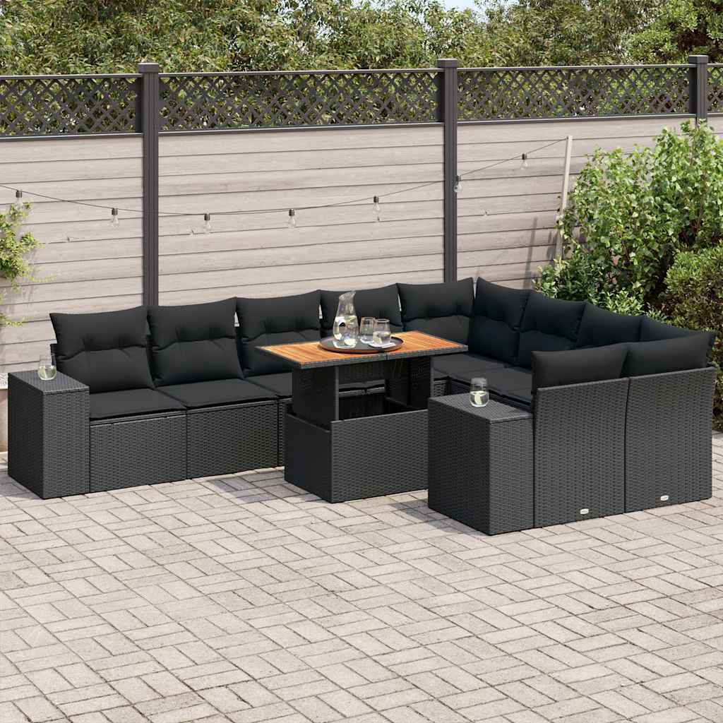 10 Pcs conjunto sofás jardim c/ almofadões vime PE/acácia preto