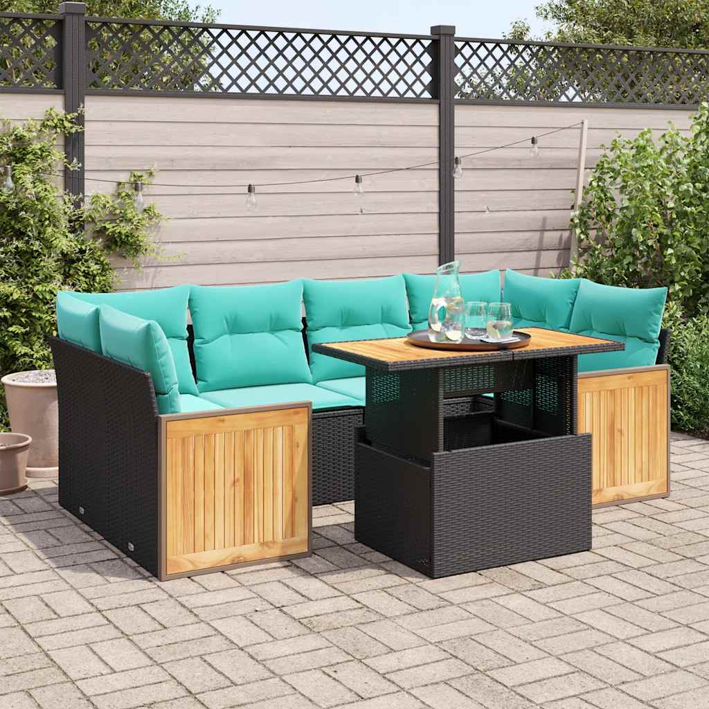 7 Pcs conjunto sofás jardim c/ almofadões vime PE/acácia preto