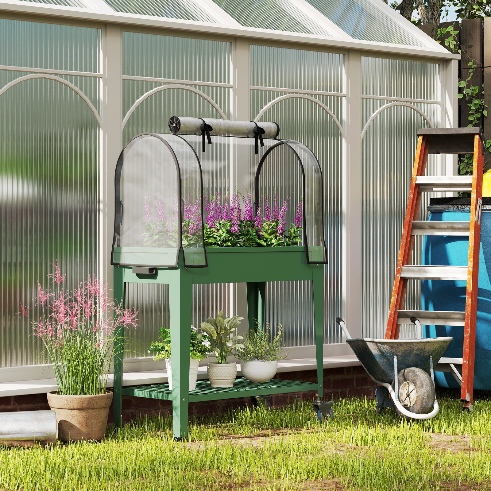 Mesa de cultivo com rodas 80x40x120 cm horta urbana elevada com cobertura de estufa para cultivar plantas flores verde