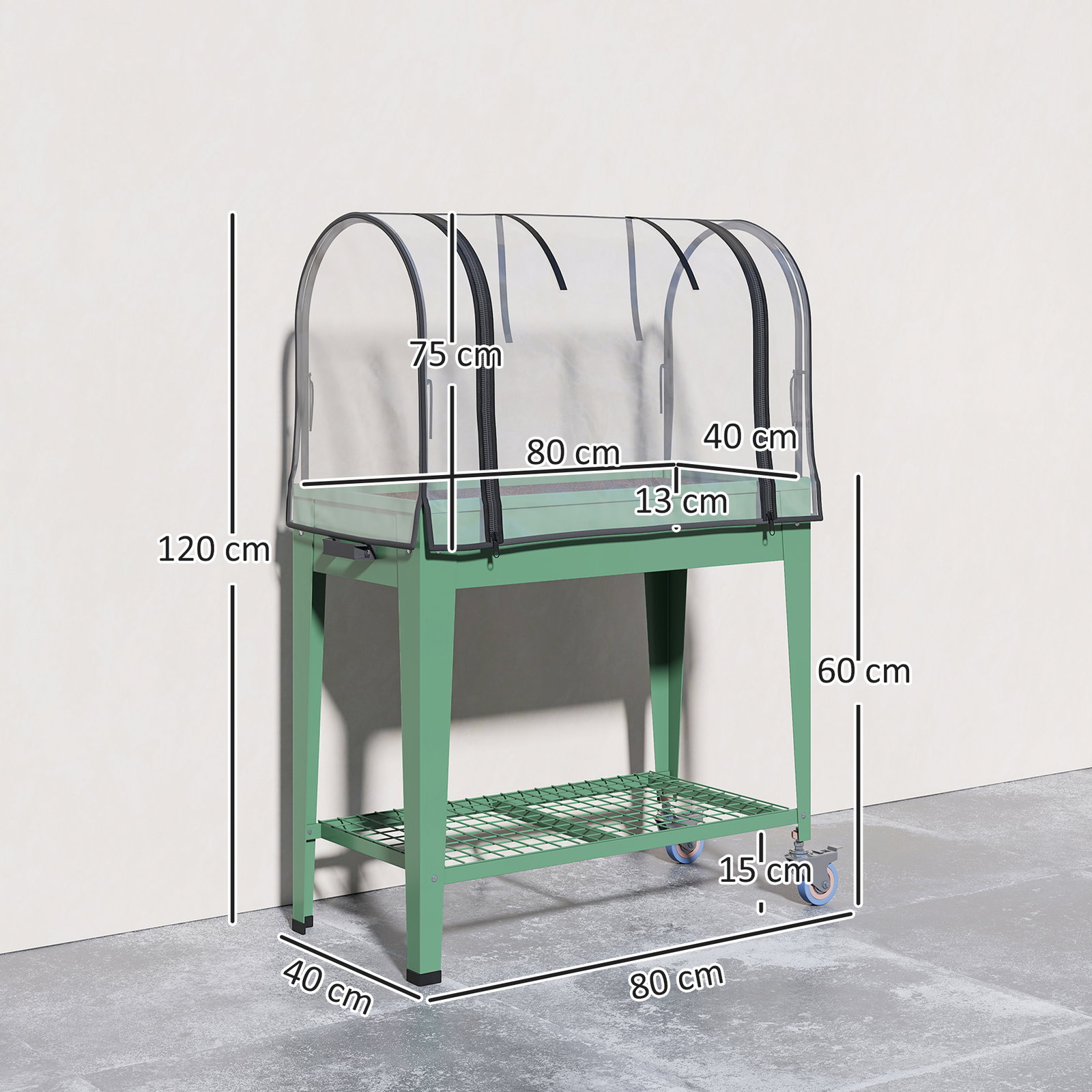 Mesa de cultivo com rodas 80x40x120 cm horta urbana elevada com cobertura de estufa para cultivar plantas flores verde