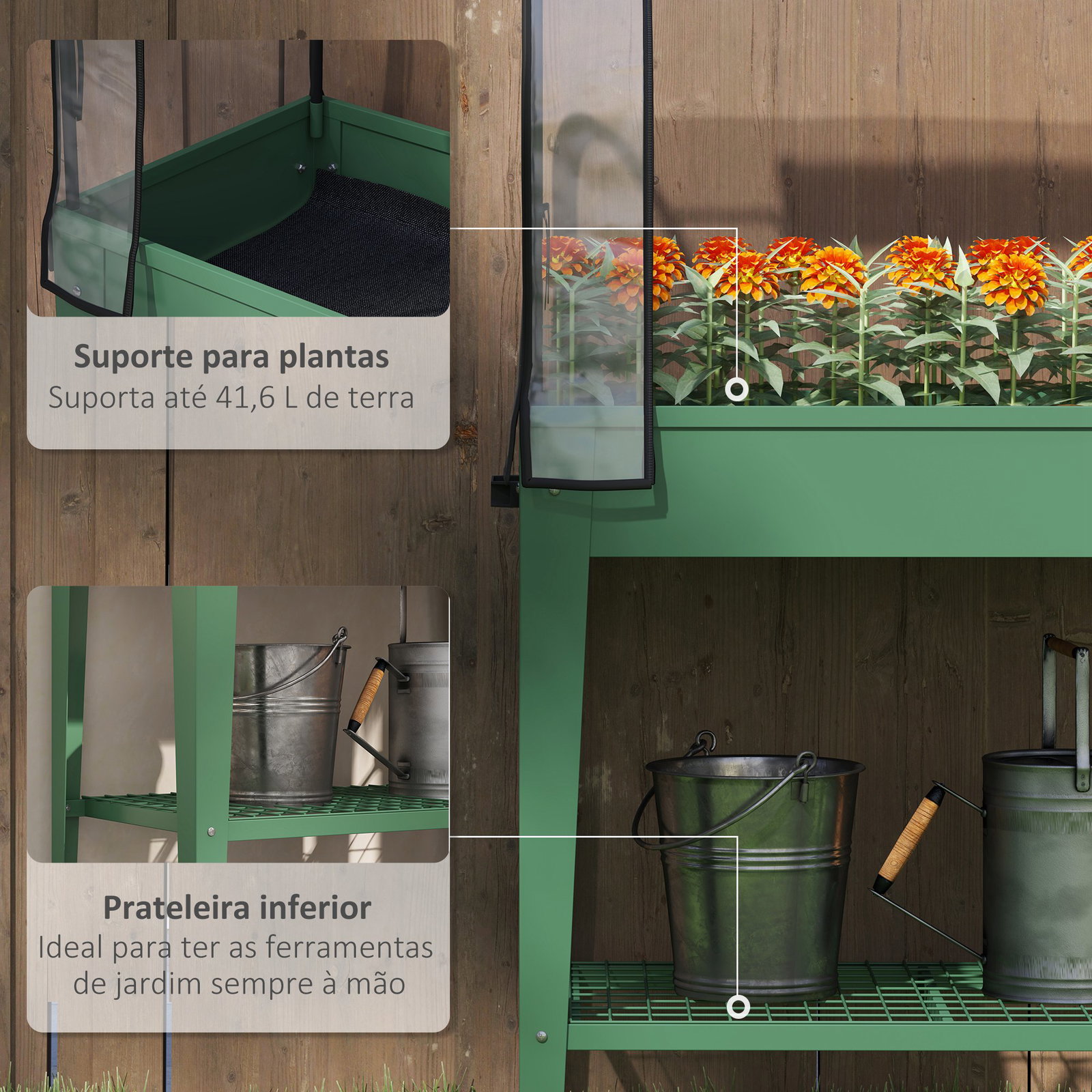 Mesa de cultivo com rodas 80x40x120 cm horta urbana elevada com cobertura de estufa para cultivar plantas flores verde