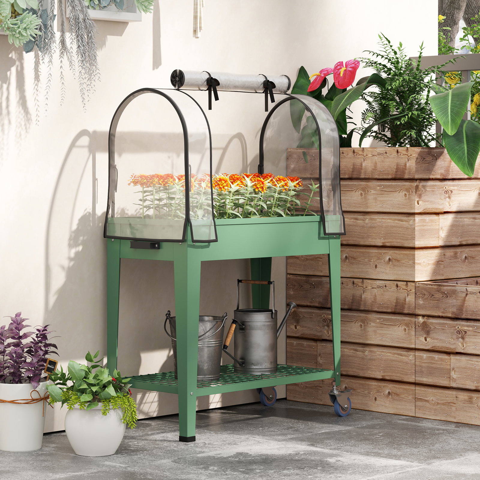 Mesa de cultivo com rodas 80x40x120 cm horta urbana elevada com cobertura de estufa para cultivar plantas flores verde