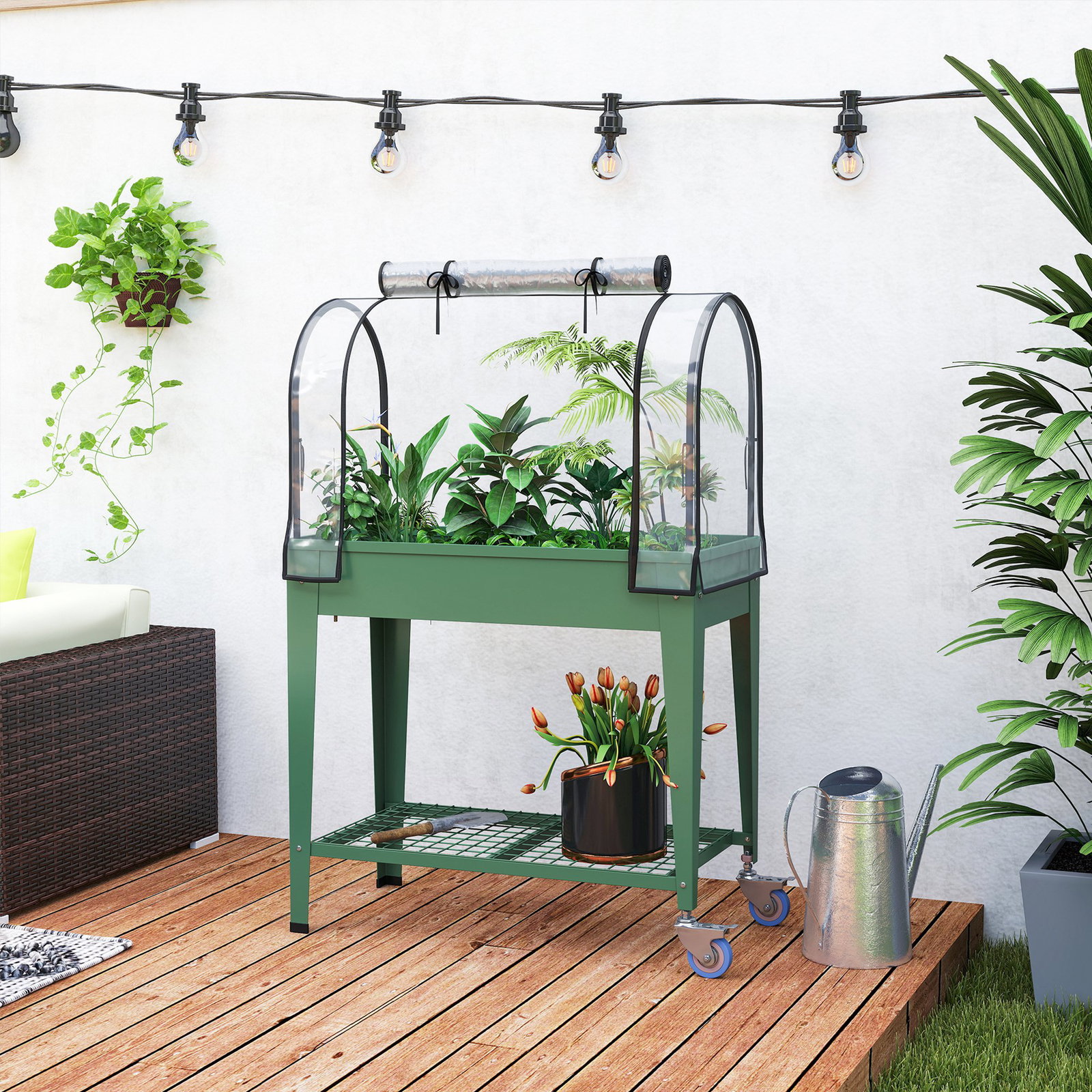 Mesa de cultivo com rodas 80x40x120 cm horta urbana elevada com cobertura de estufa para cultivar plantas flores verde