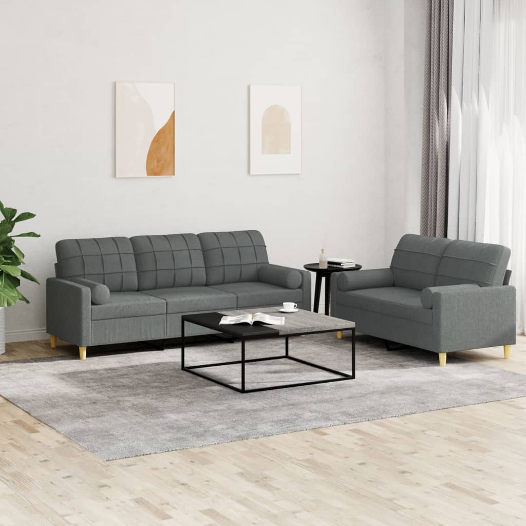 2 Pcs conjunto de sofás com almofadas tecido cinzento-escuro