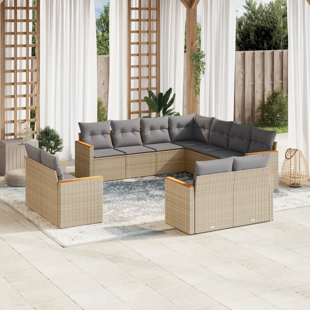 11 Pcs conjunto sofás de jardim c/ almofadões vime PE bege
