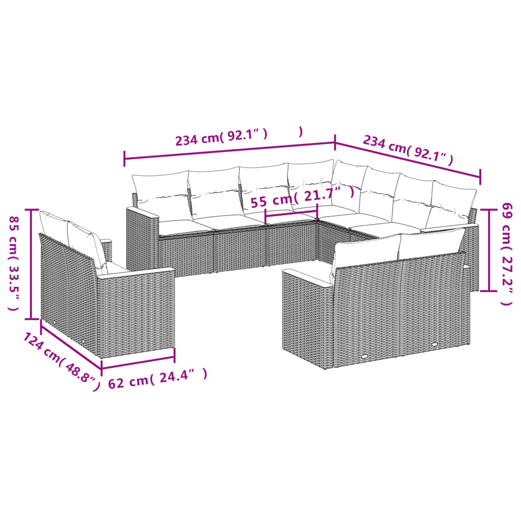 11 Pcs conjunto sofás de jardim c/ almofadões vime PE bege