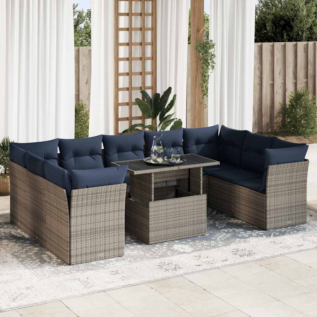 10 Pcs conjunto sofás jardim almofadões vime PE/acácia cinzento