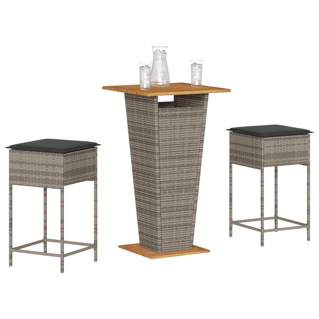 3 Pcs conjunto de bar p/ jardim c/ almofadões vime PE cinzento