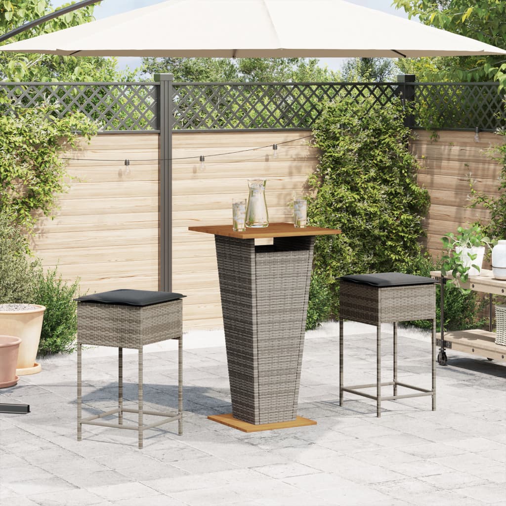 3 Pcs conjunto de bar p/ jardim c/ almofadões vime PE cinzento
