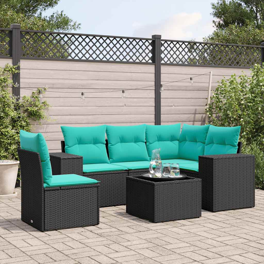 Conjunto de sofá de jardim com 6 peças e almofadas em rattan sintético preto