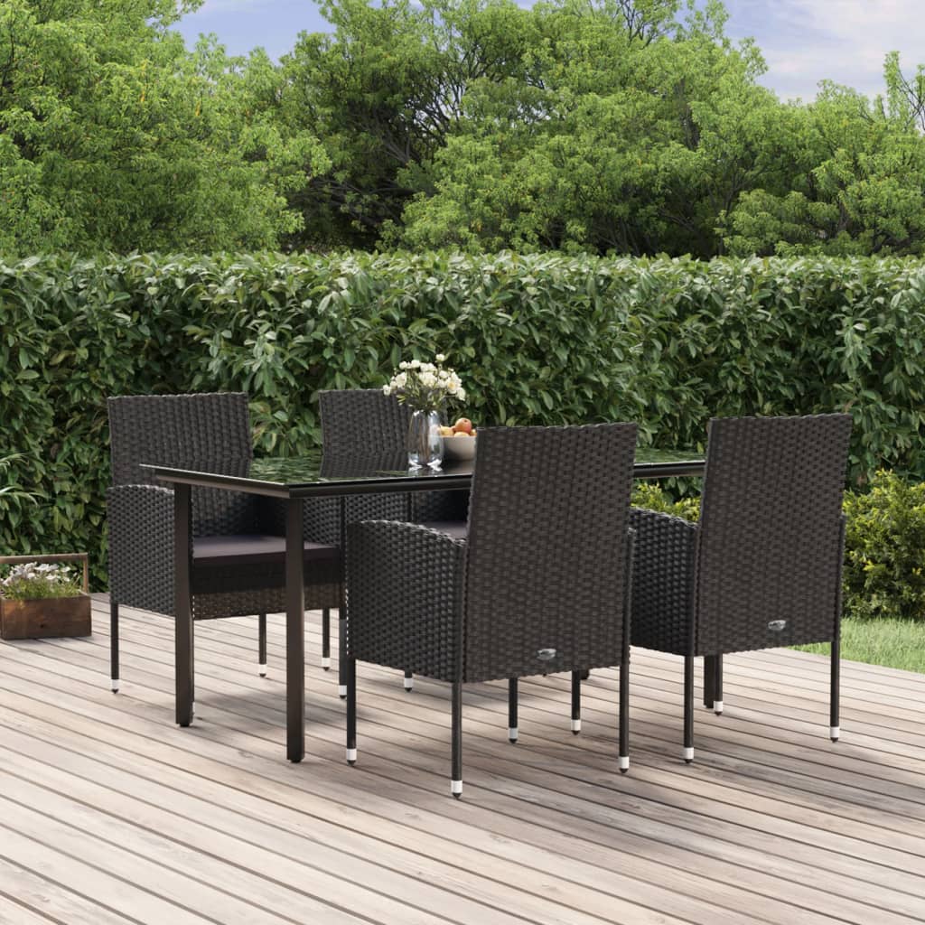 5 Pcs conjunto de jantar p/ jardim c/ almofadões vime PE preto