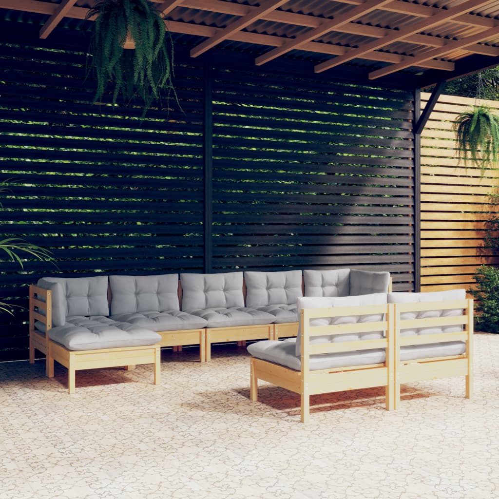 9 Pcs conjunto lounge de jardim c/ almofadões cinzentos pinho