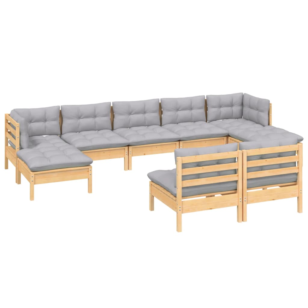 9 Pcs conjunto lounge de jardim c/ almofadões cinzentos pinho