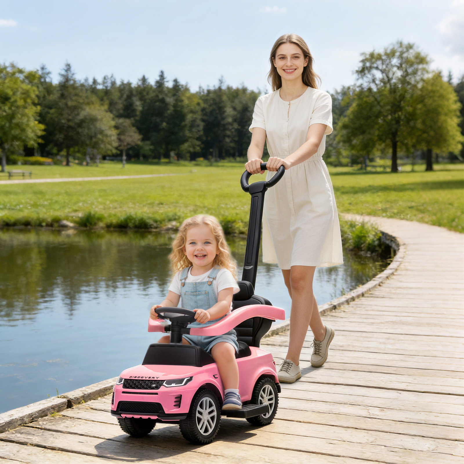 Carro andador 2 em 1 para crianças land rover discovery com buzina pega de empurrar e barra removíveis 84x40x94,5 cm rosa