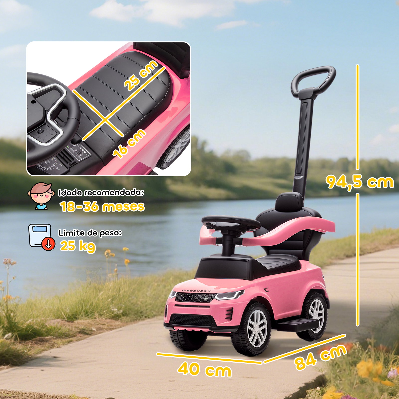 Carro andador 2 em 1 para crianças land rover discovery com buzina pega de empurrar e barra removíveis 84x40x94,5 cm rosa