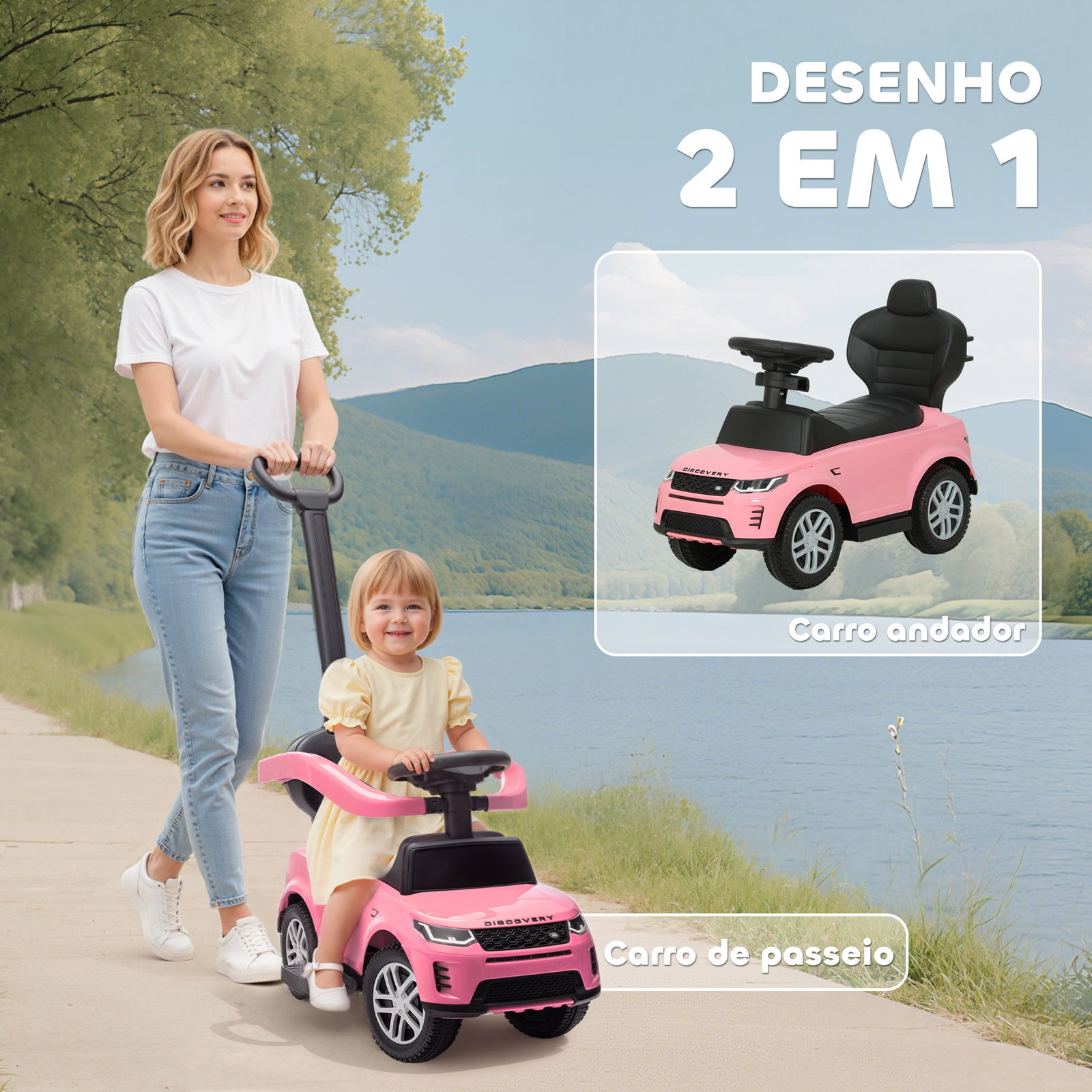 Carro andador 2 em 1 para crianças land rover discovery com buzina pega de empurrar e barra removíveis 84x40x94,5 cm rosa