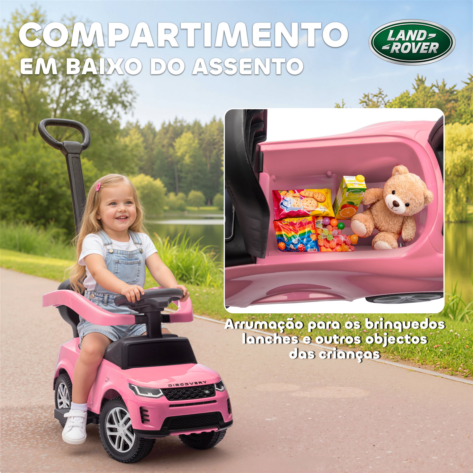 Carro andador 2 em 1 para crianças land rover discovery com buzina pega de empurrar e barra removíveis 84x40x94,5 cm rosa