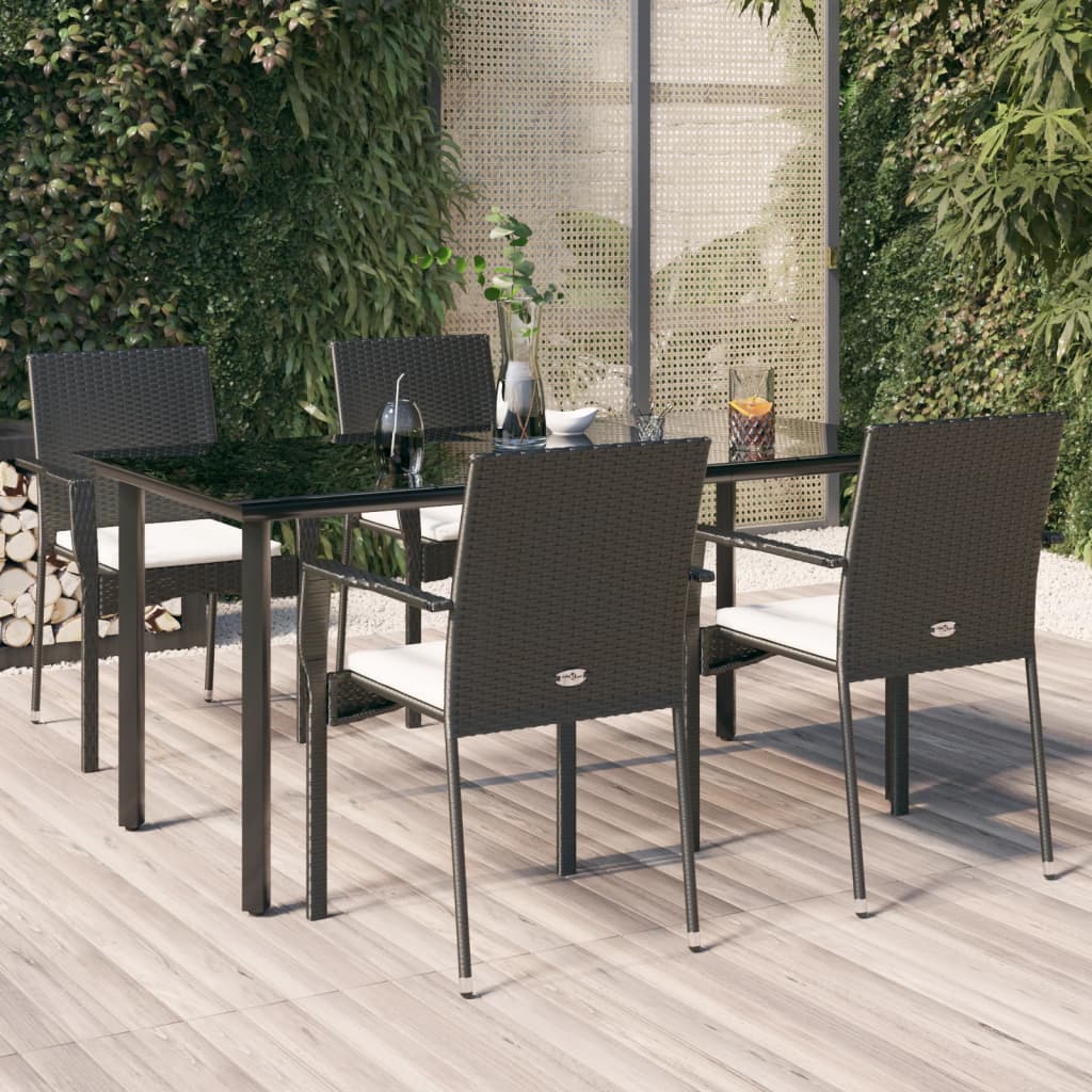 5 Pcs conjunto de jantar p/ jardim c/ almofadões vime PE preto