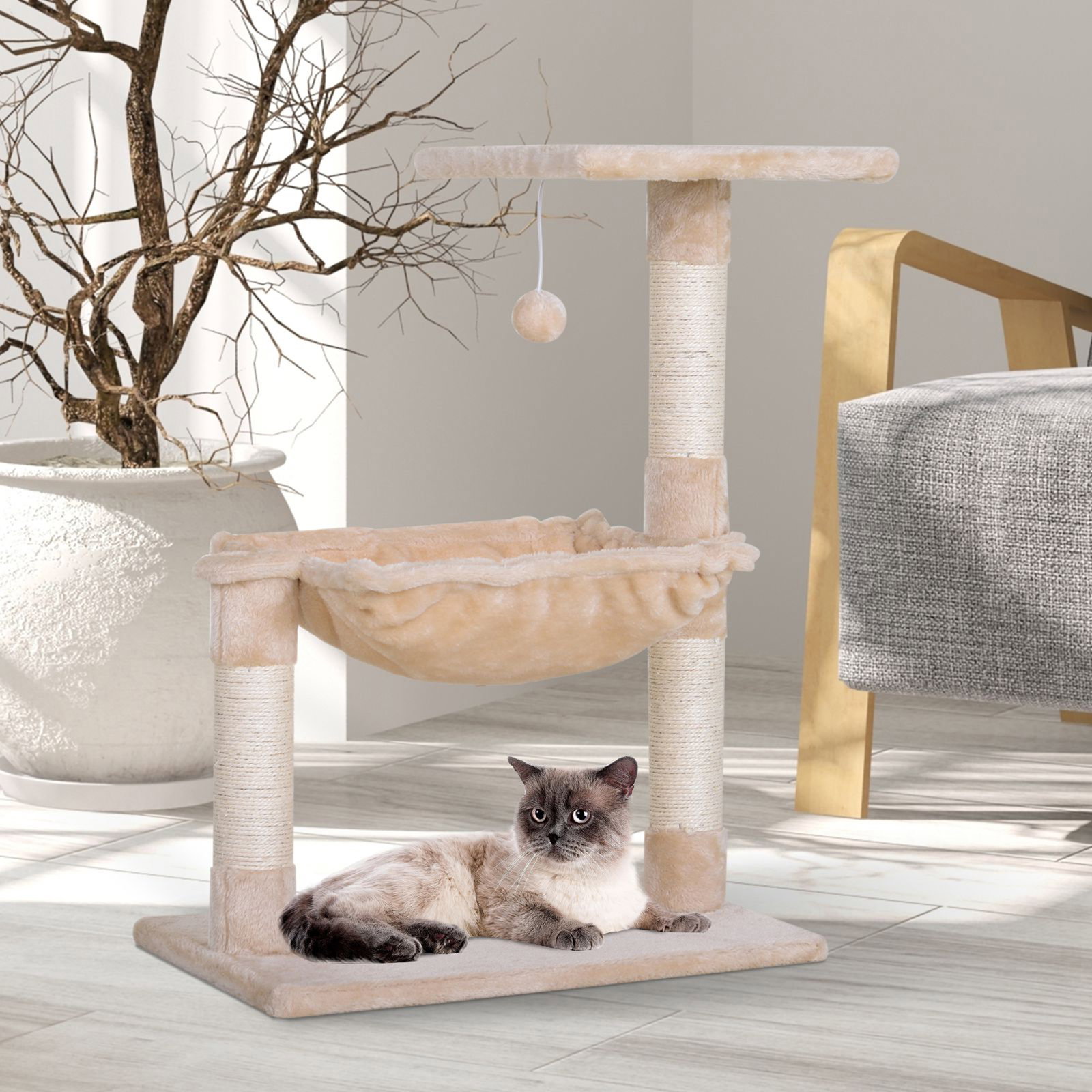 Árvore Arranhador para Gatos Torre para Gatos 50x36x70 cm com Rede Plataforma Poste de Sisal e Bola Suspensa Bege