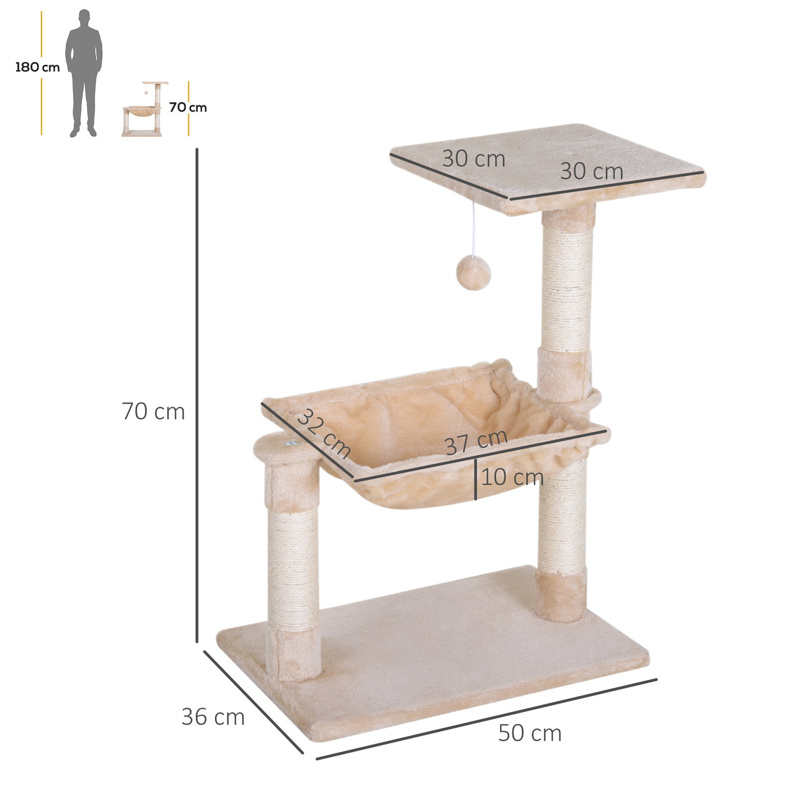 Árvore Arranhador para Gatos Torre para Gatos 50x36x70 cm com Rede Plataforma Poste de Sisal e Bola Suspensa Bege