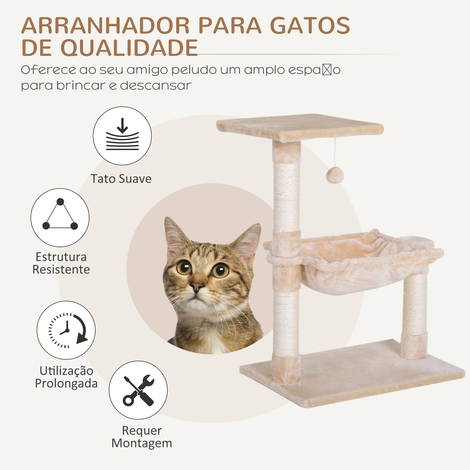 Árvore Arranhador para Gatos Torre para Gatos 50x36x70 cm com Rede Plataforma Poste de Sisal e Bola Suspensa Bege