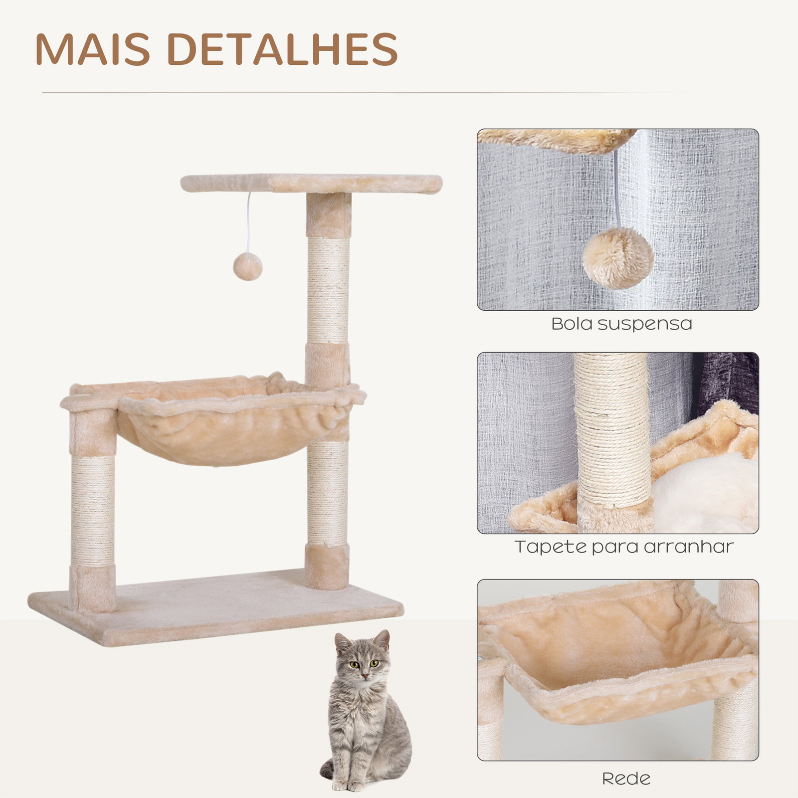 Árvore Arranhador para Gatos Torre para Gatos 50x36x70 cm com Rede Plataforma Poste de Sisal e Bola Suspensa Bege