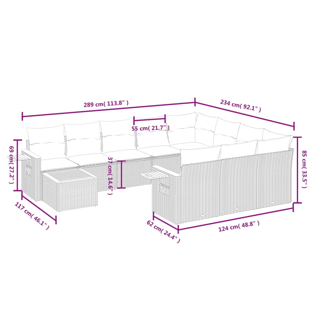 11 Pcs conjunto sofás de jardim c/ almofadões vime PE preto