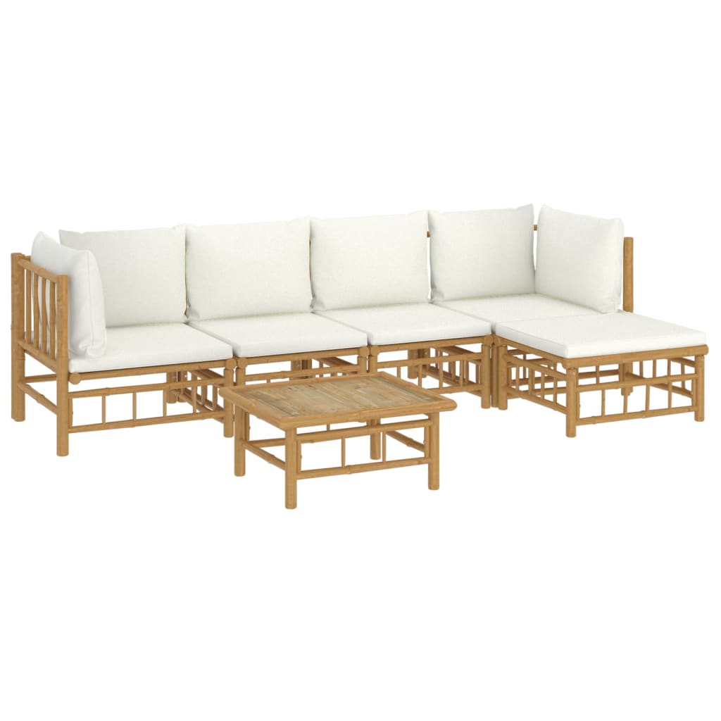 6 Pcs conjunto lounge de jardim bambu c/ almofadões branco nata