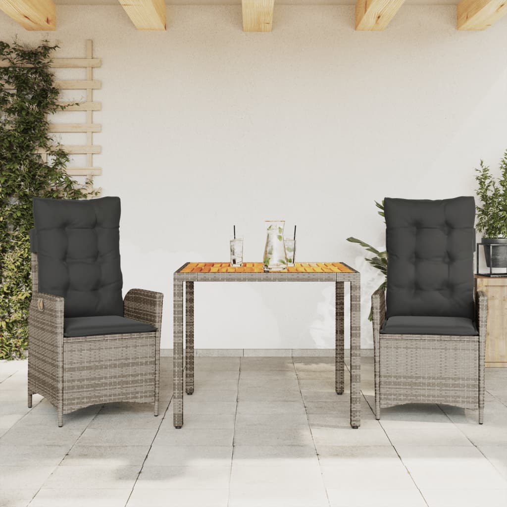 3 Pcs conjunto de jantar p/ jardim c/ almofadões vime PE cinza