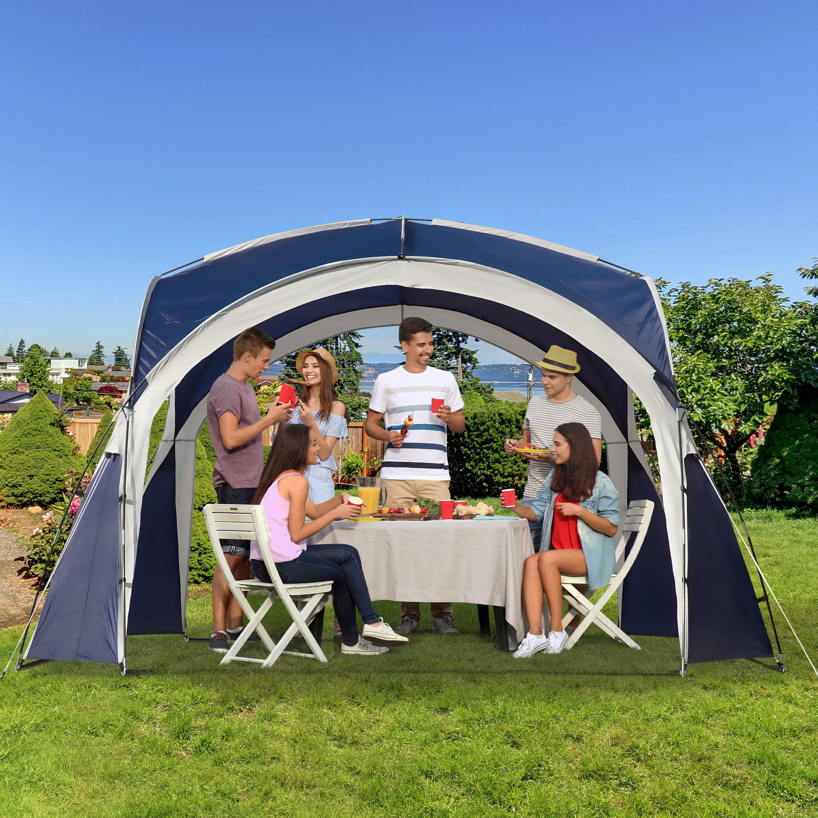 Abrigo de Campismo 3,5x3,5 m Toldo de Campismo Dobrável com Gancho Proteção UV e Bolsa de Transporte Azul e Cinza Claro