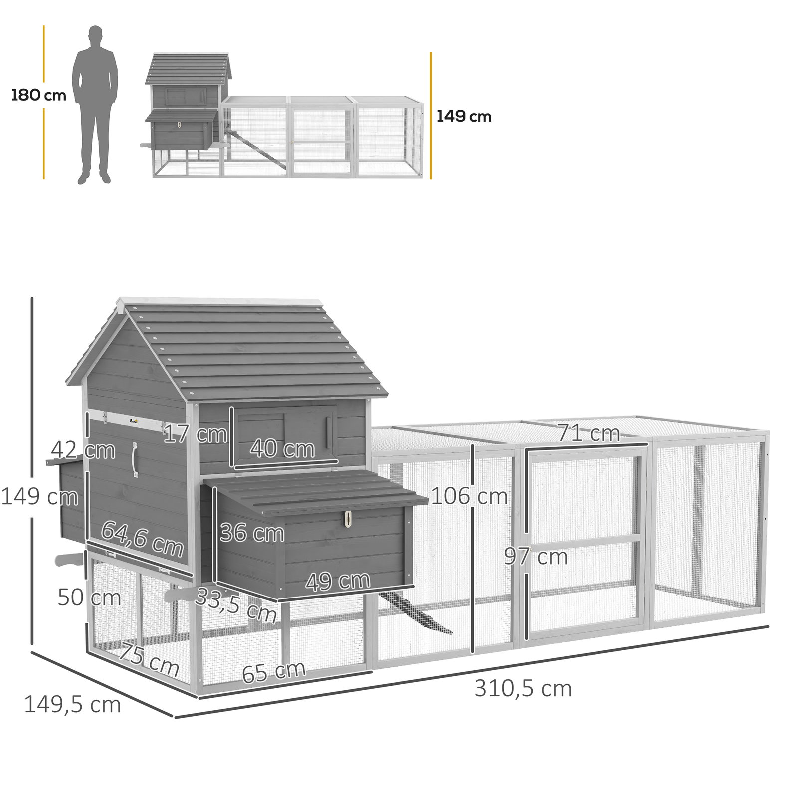 Galinheiro grande de madeira para 4-6 galinhas com casa principal ninhos área aberta de 2,25 ㎡ 310,5x149,5x149 cm cinza