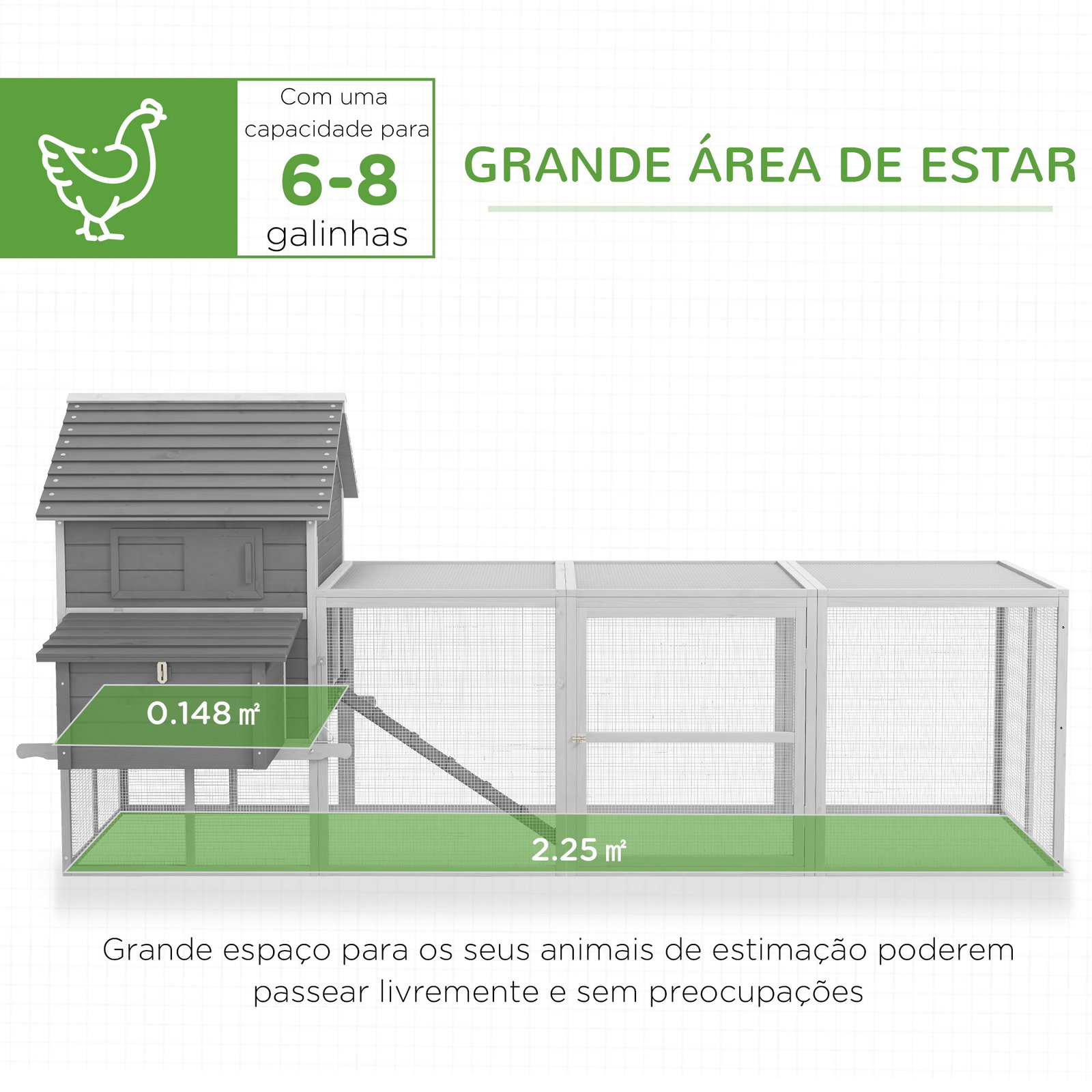 Galinheiro grande de madeira para 4-6 galinhas com casa principal ninhos área aberta de 2,25 ㎡ 310,5x149,5x149 cm cinza