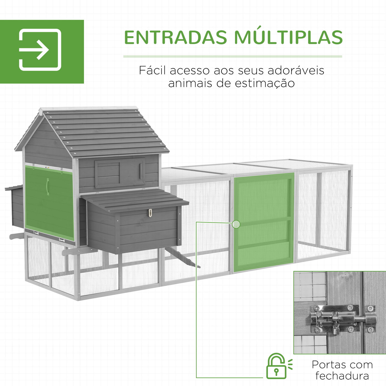Galinheiro grande de madeira para 4-6 galinhas com casa principal ninhos área aberta de 2,25 ㎡ 310,5x149,5x149 cm cinza