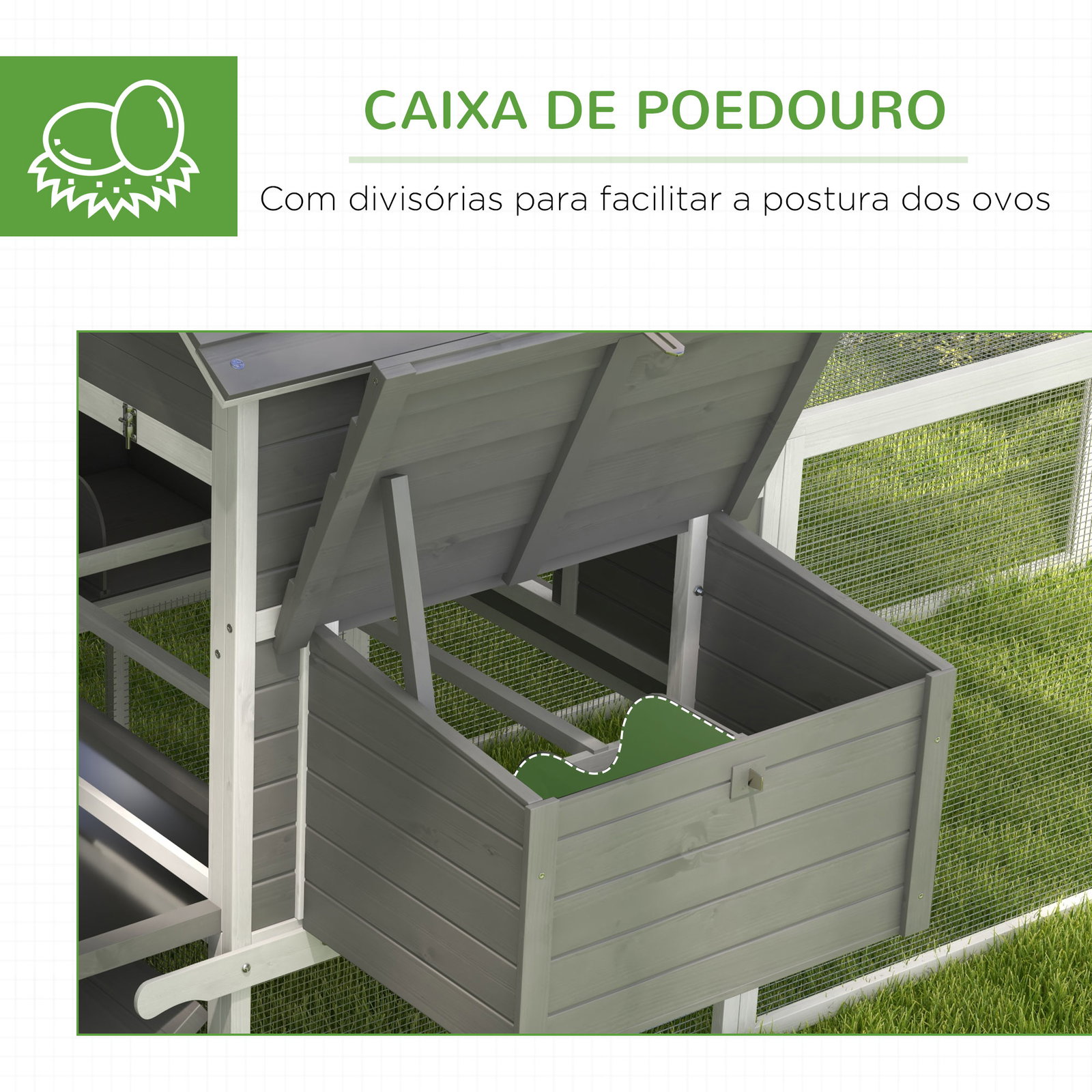 Galinheiro grande de madeira para 4-6 galinhas com casa principal ninhos área aberta de 2,25 ㎡ 310,5x149,5x149 cm cinza