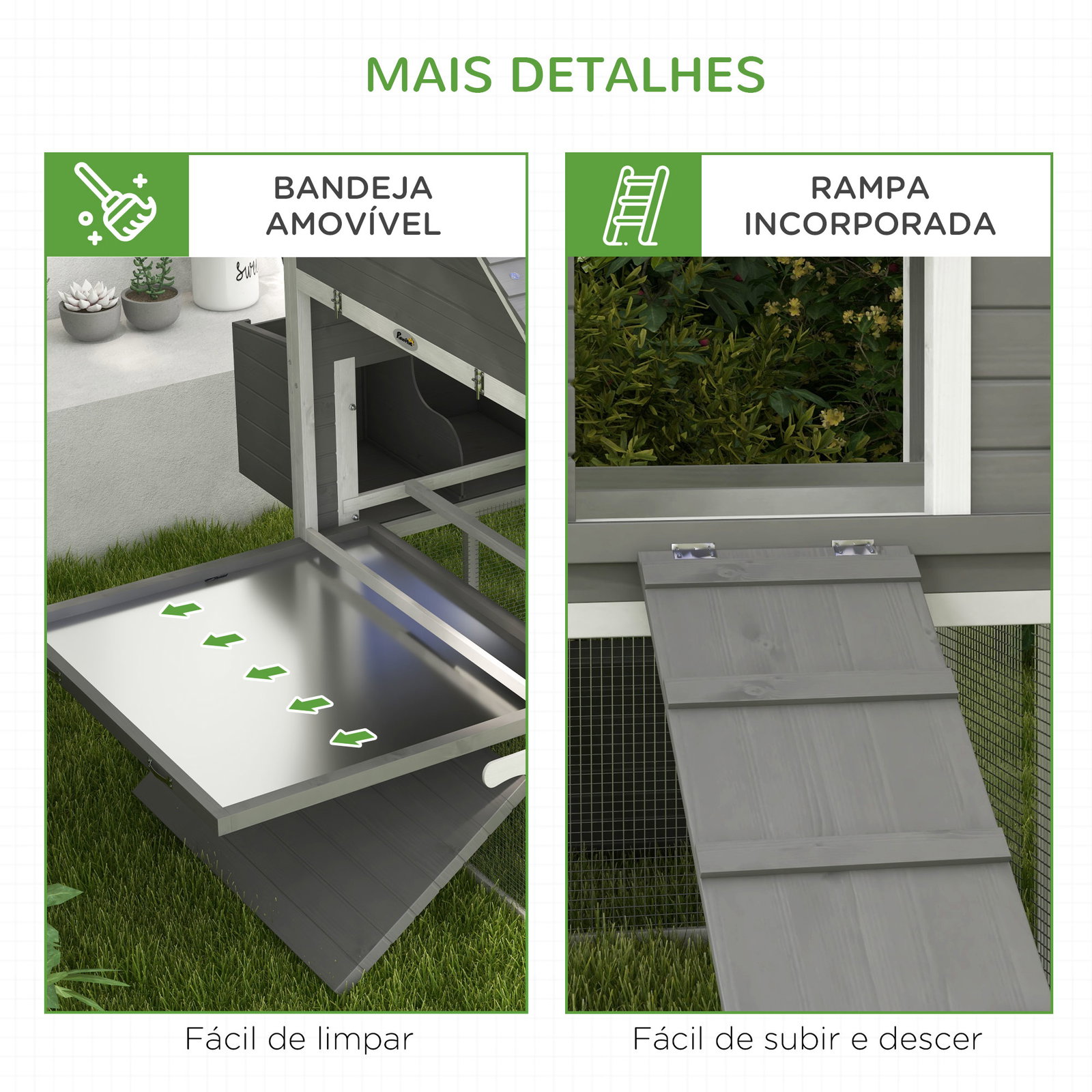 Galinheiro grande de madeira para 4-6 galinhas com casa principal ninhos área aberta de 2,25 ㎡ 310,5x149,5x149 cm cinza