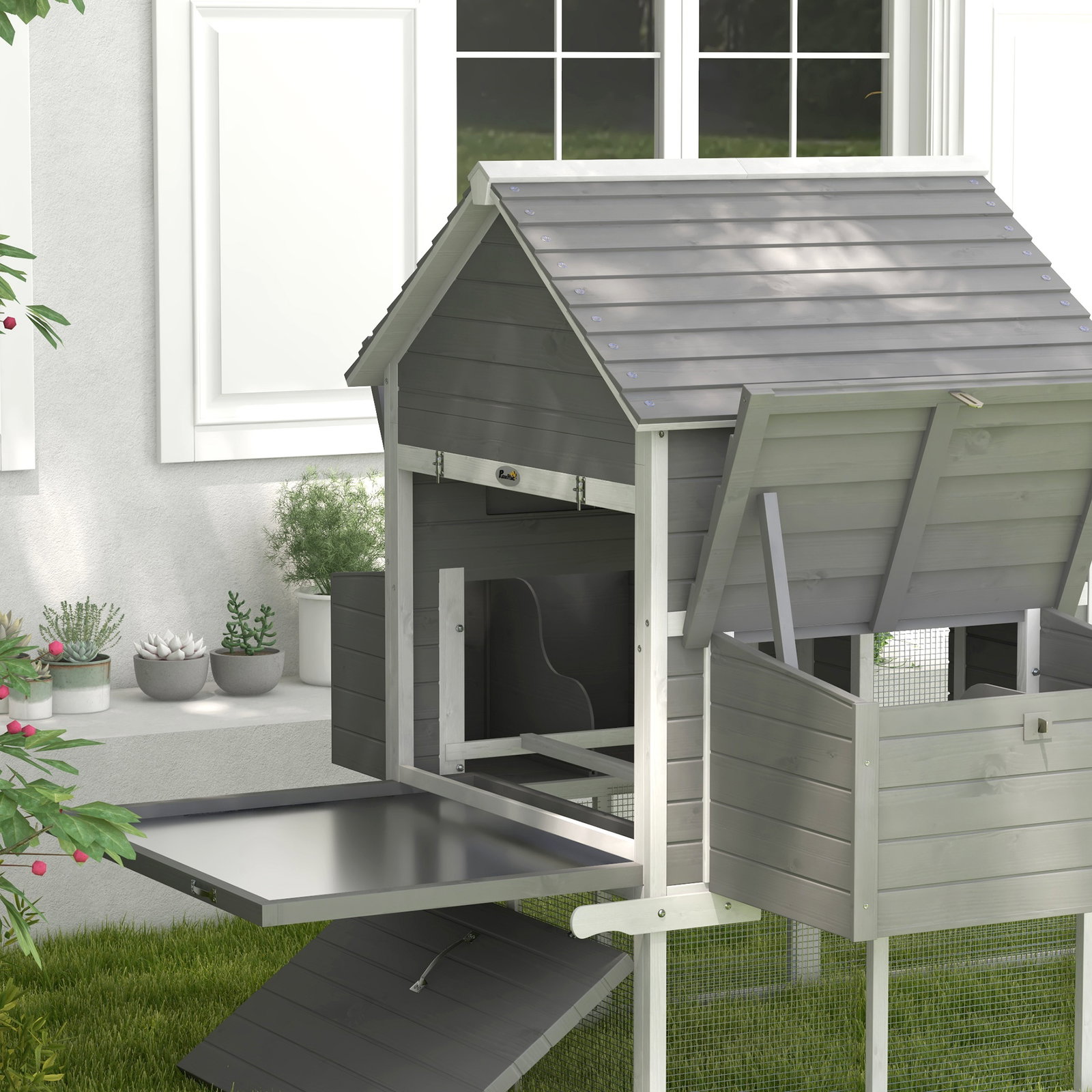 Galinheiro grande de madeira para 4-6 galinhas com casa principal ninhos área aberta de 2,25 ㎡ 310,5x149,5x149 cm cinza