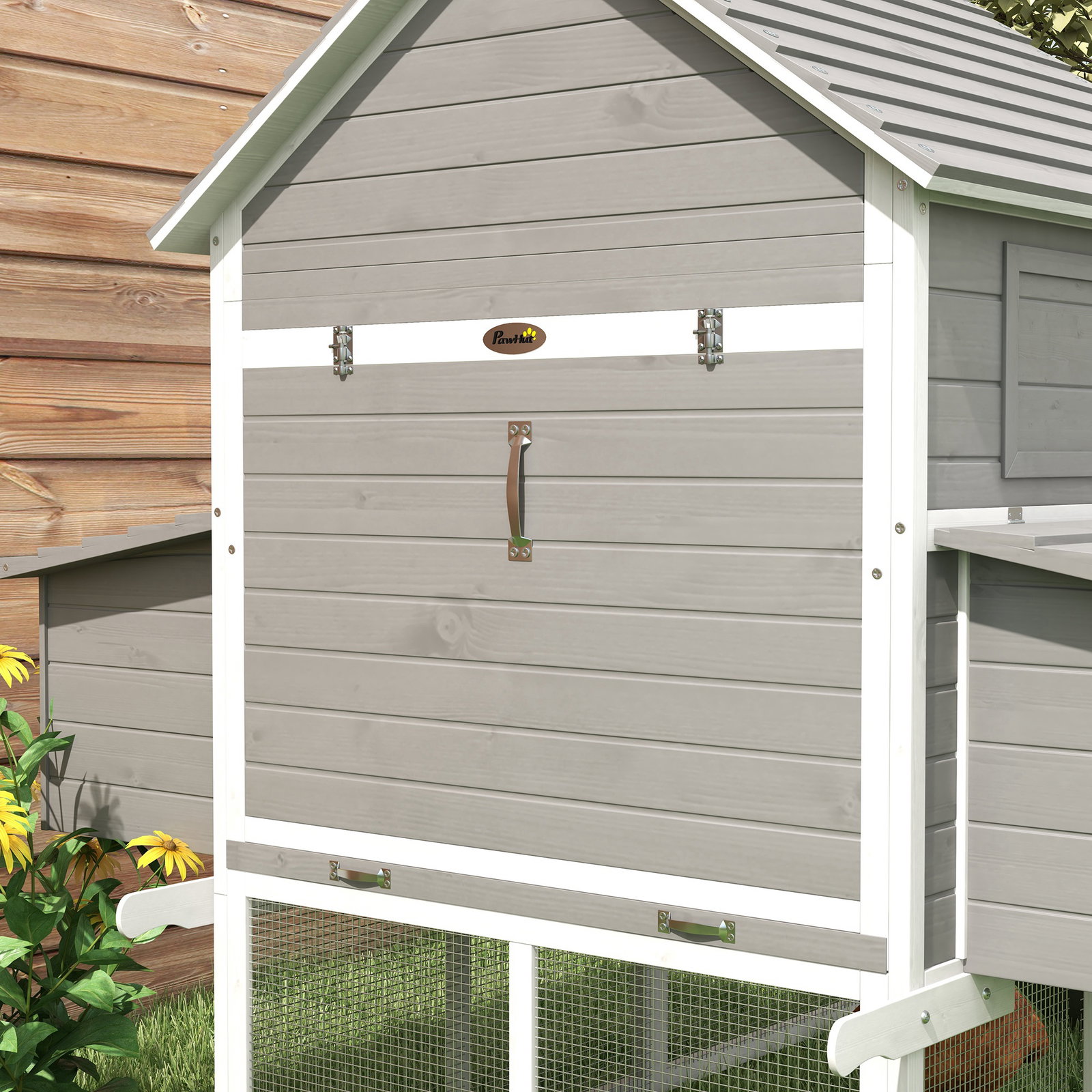 Galinheiro grande de madeira para 4-6 galinhas com casa principal ninhos área aberta de 2,25 ㎡ 310,5x149,5x149 cm cinza